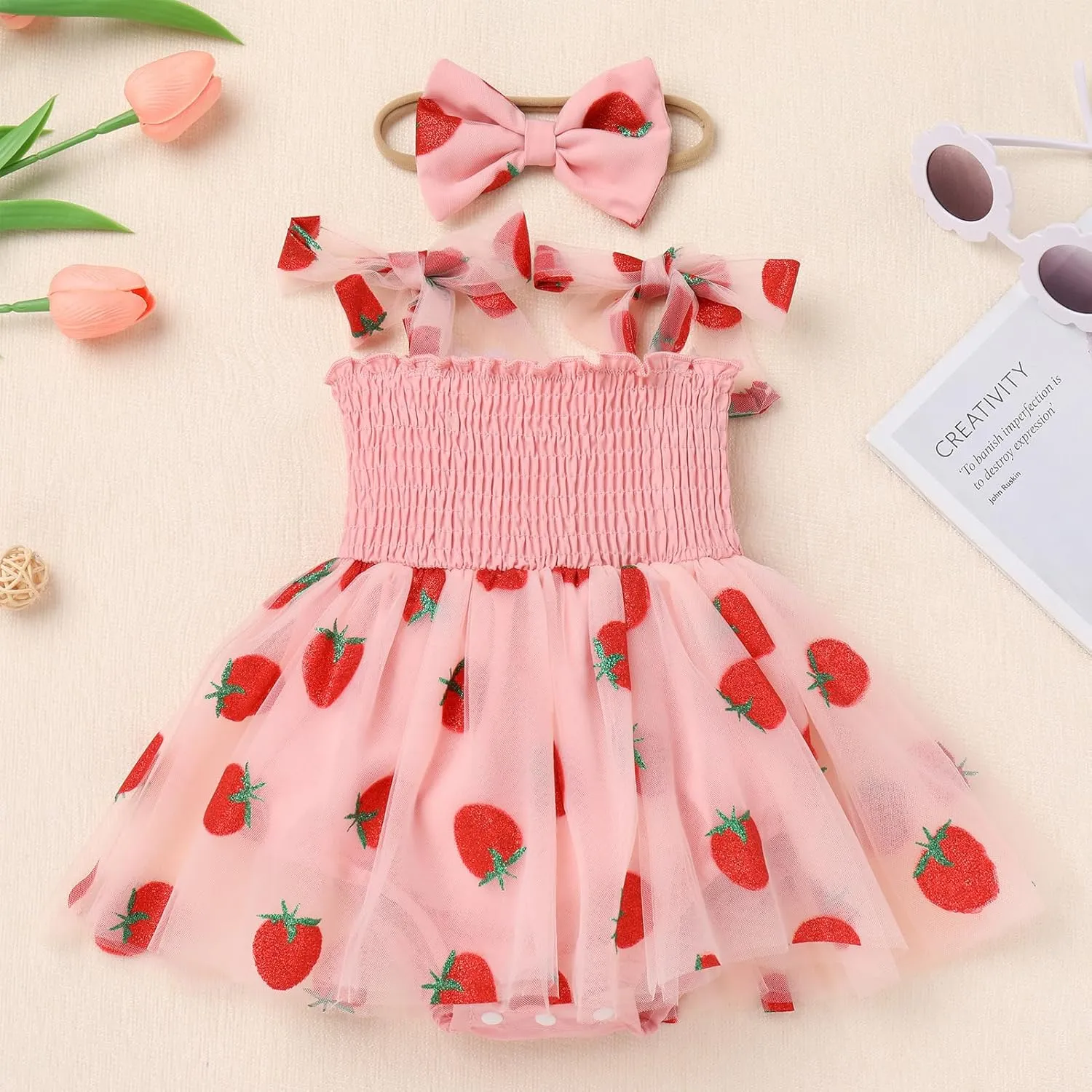 IMEKIS Baby Girl Strawberry One Birthday Outfit Boho Romper Tulle Dress Headband Summer Cake Smash Photo Shoot