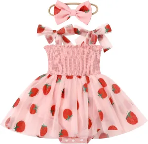 IMEKIS Baby Girl Strawberry One Birthday Outfit Boho Romper Tulle Dress Headband Summer Cake Smash Photo Shoot