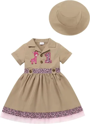 IMEKIS Toddler Baby Girl Birthday Outfit Giraffe Dress with Hat Cake Smash Photo Shoot Jungle Safari Clothes Set