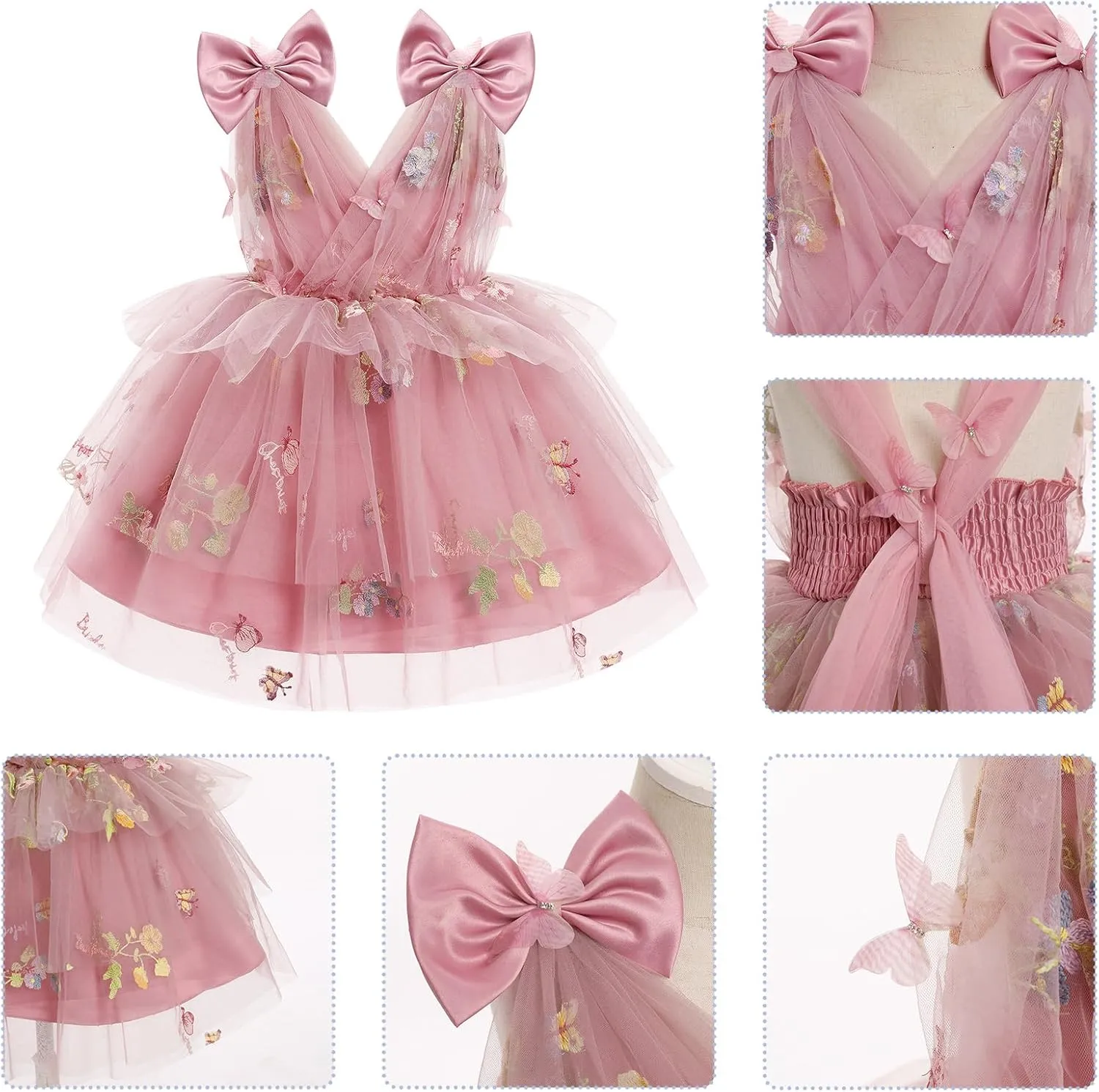 IMEKIS Toddler Girls Butterfly Birthday Dress Rainbow Tulle Formal Wedding Party Ruffle Tutu Dresses Photo Shoot