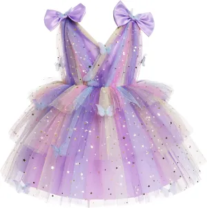 IMEKIS Toddler Girls Butterfly Birthday Dress Rainbow Tulle Formal Wedding Party Ruffle Tutu Dresses Photo Shoot