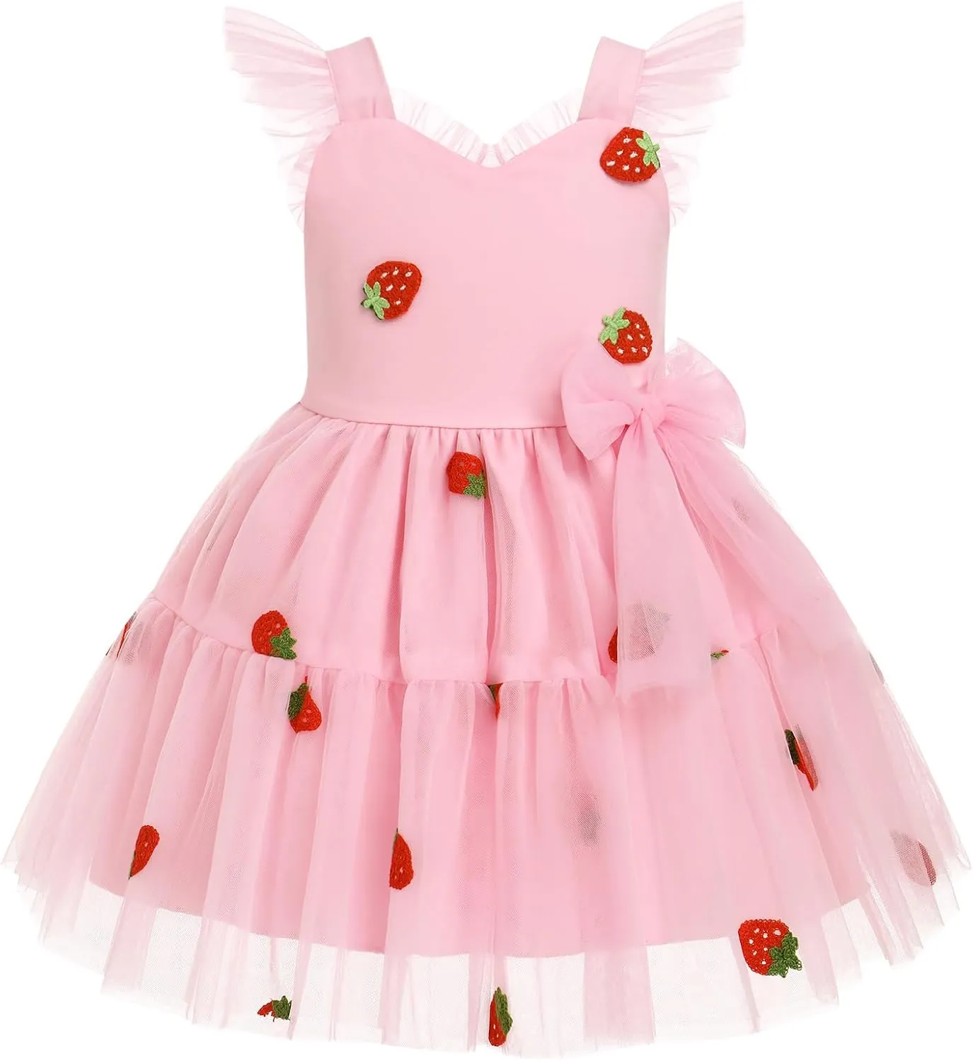 IMEKIS Toddler Girls Strawberry Floral Tulle Birthday Dress Elastic Back Summer Casual Party Dresses
