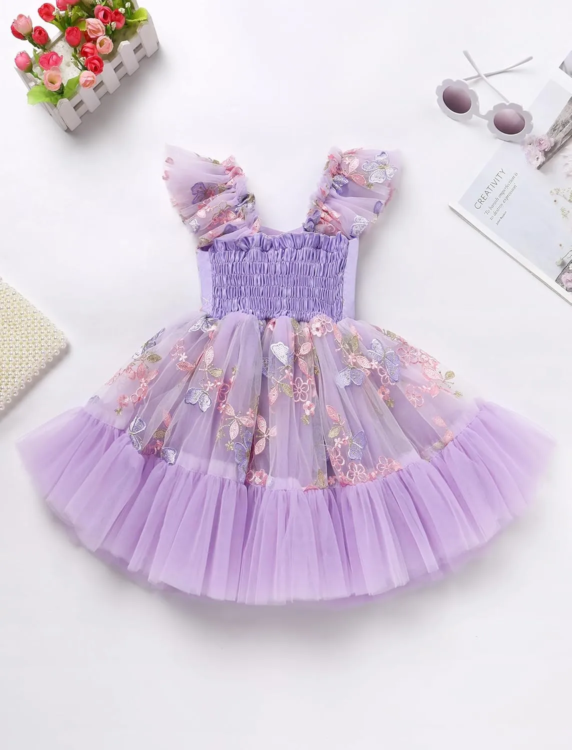 IMEKIS Toddler Girls Strawberry Floral Tulle Birthday Dress Elastic Back Summer Casual Party Dresses