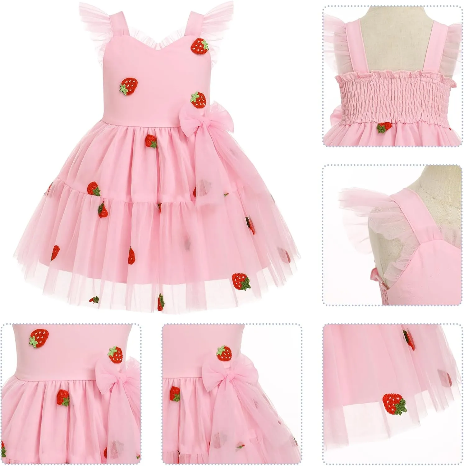 IMEKIS Toddler Girls Strawberry Floral Tulle Birthday Dress Elastic Back Summer Casual Party Dresses