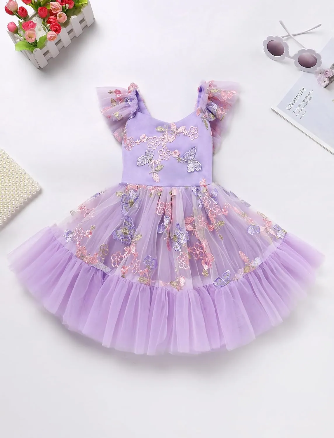 IMEKIS Toddler Girls Strawberry Floral Tulle Birthday Dress Elastic Back Summer Casual Party Dresses