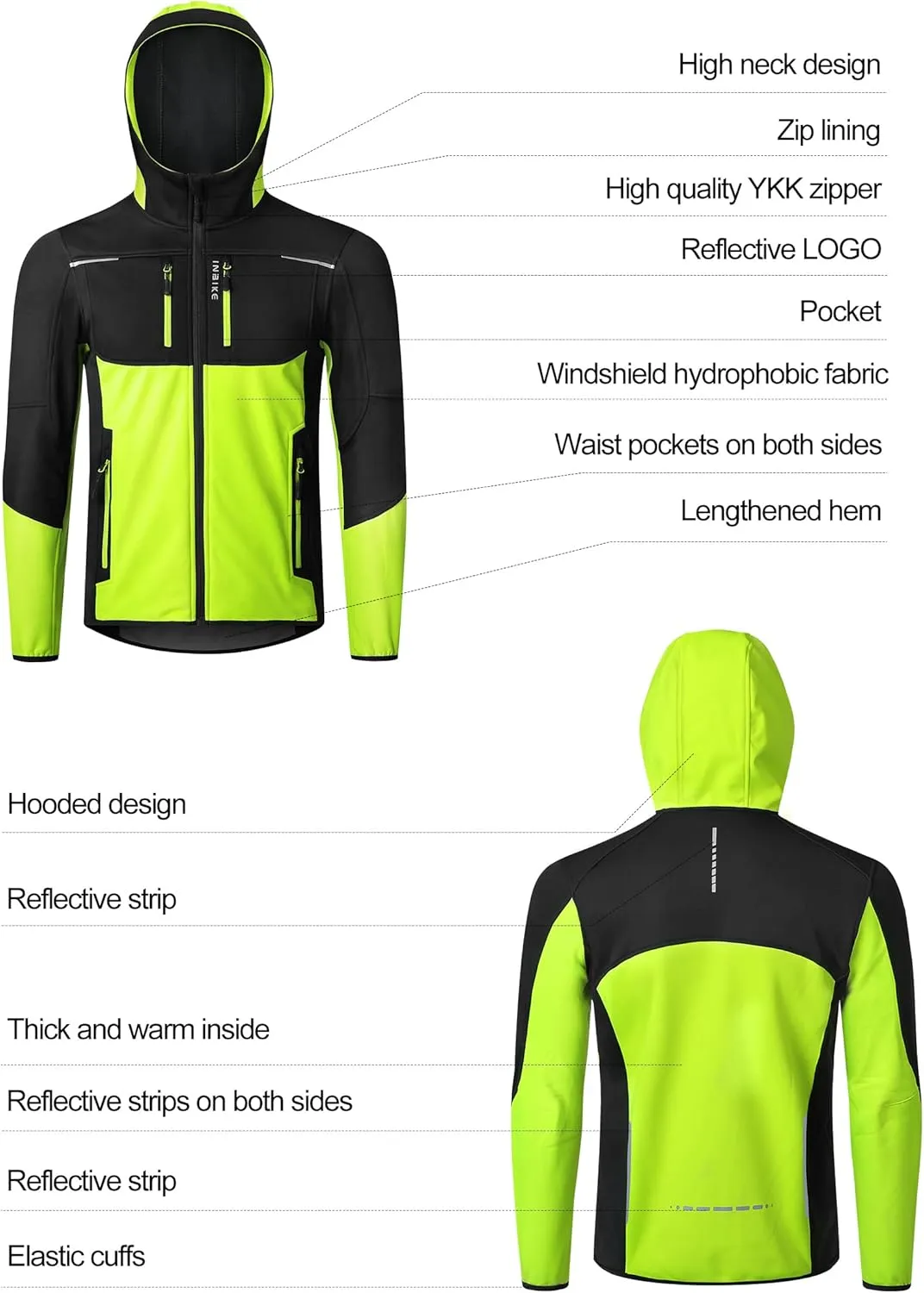 INBIKE Cycling Jackets for Men Women, Thermal Bike Jacket Windproof Breathable Reflective Softshell Windbreaker with Pockets