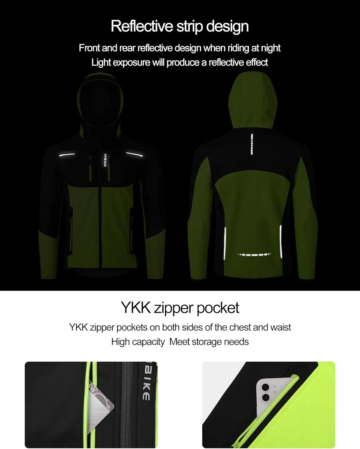 INBIKE Cycling Jackets for Men Women, Thermal Bike Jacket Windproof Breathable Reflective Softshell Windbreaker with Pockets