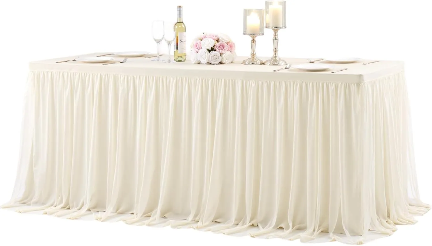 Ivory Tulle Tablecloth for 6 Foot Rectangular Table, 6ft Ivory Rectangle Table Cloth, Wrinkle Free Tablecover with Tutu Skirt for Wedding Birthday Party Bridal Shower Banquet Buffet Cake Event