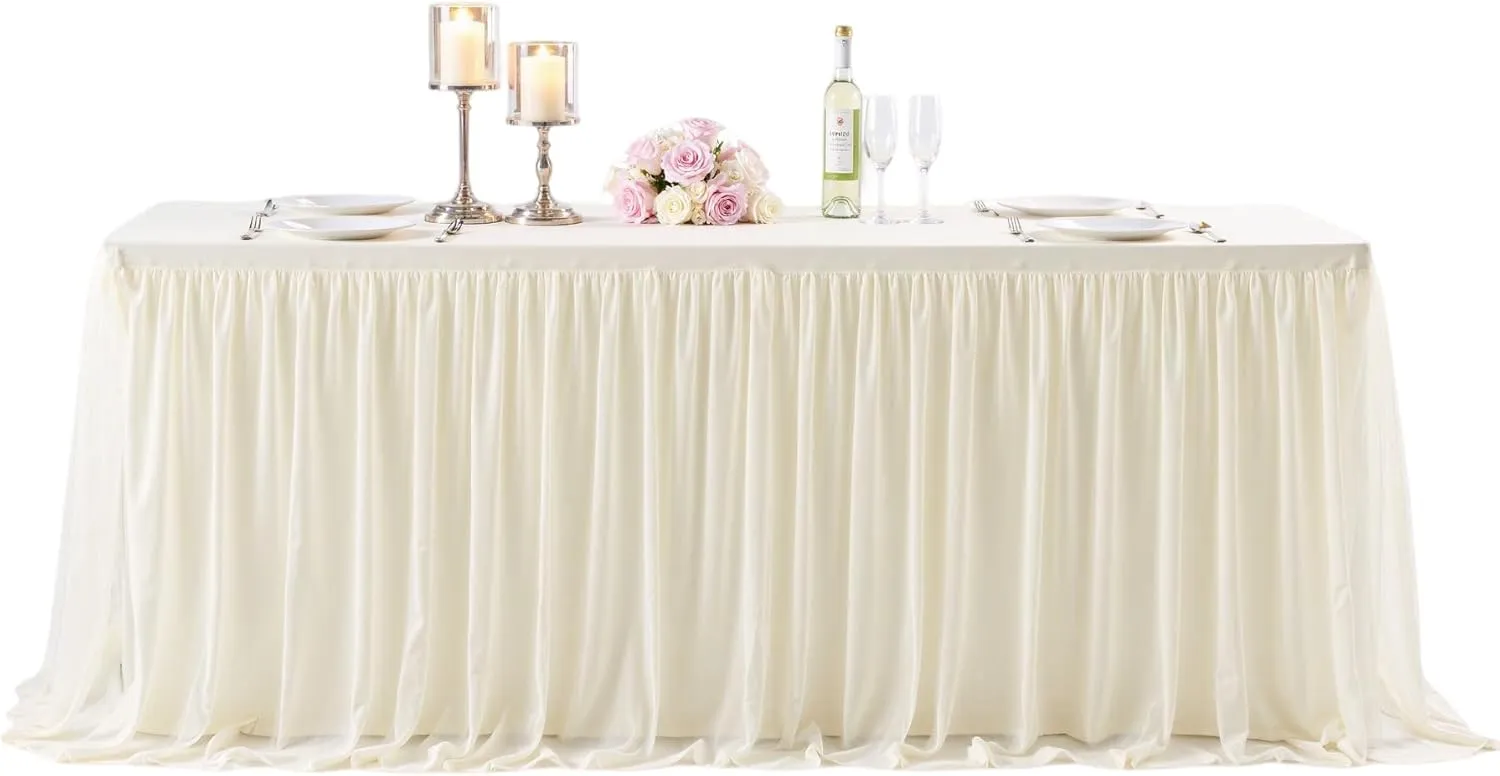 Ivory Tulle Tablecloth for 6 Foot Rectangular Table, 6ft Ivory Rectangle Table Cloth, Wrinkle Free Tablecover with Tutu Skirt for Wedding Birthday Party Bridal Shower Banquet Buffet Cake Event