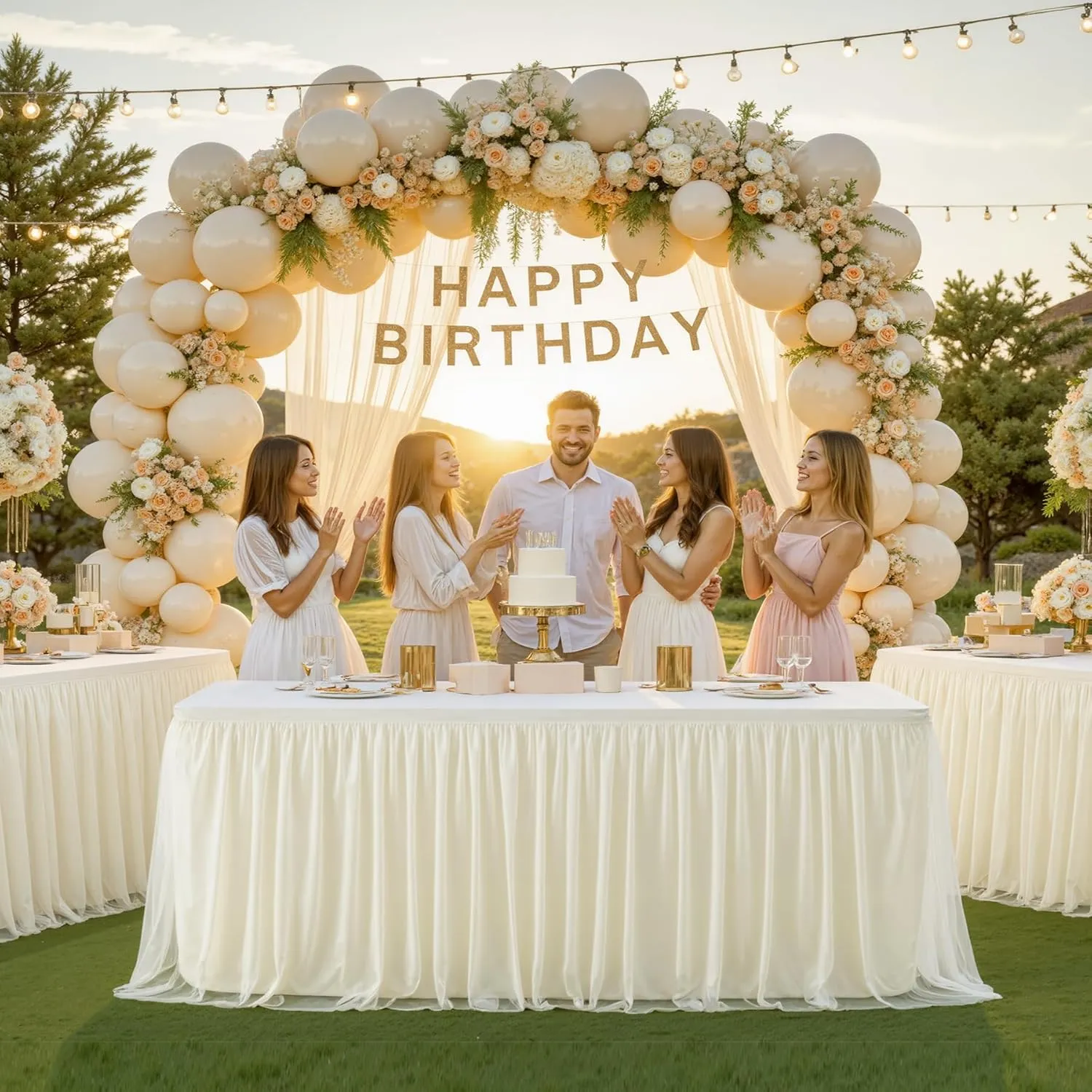 Ivory Tulle Tablecloth for 6 Foot Rectangular Table, 6ft Ivory Rectangle Table Cloth, Wrinkle Free Tablecover with Tutu Skirt for Wedding Birthday Party Bridal Shower Banquet Buffet Cake Event