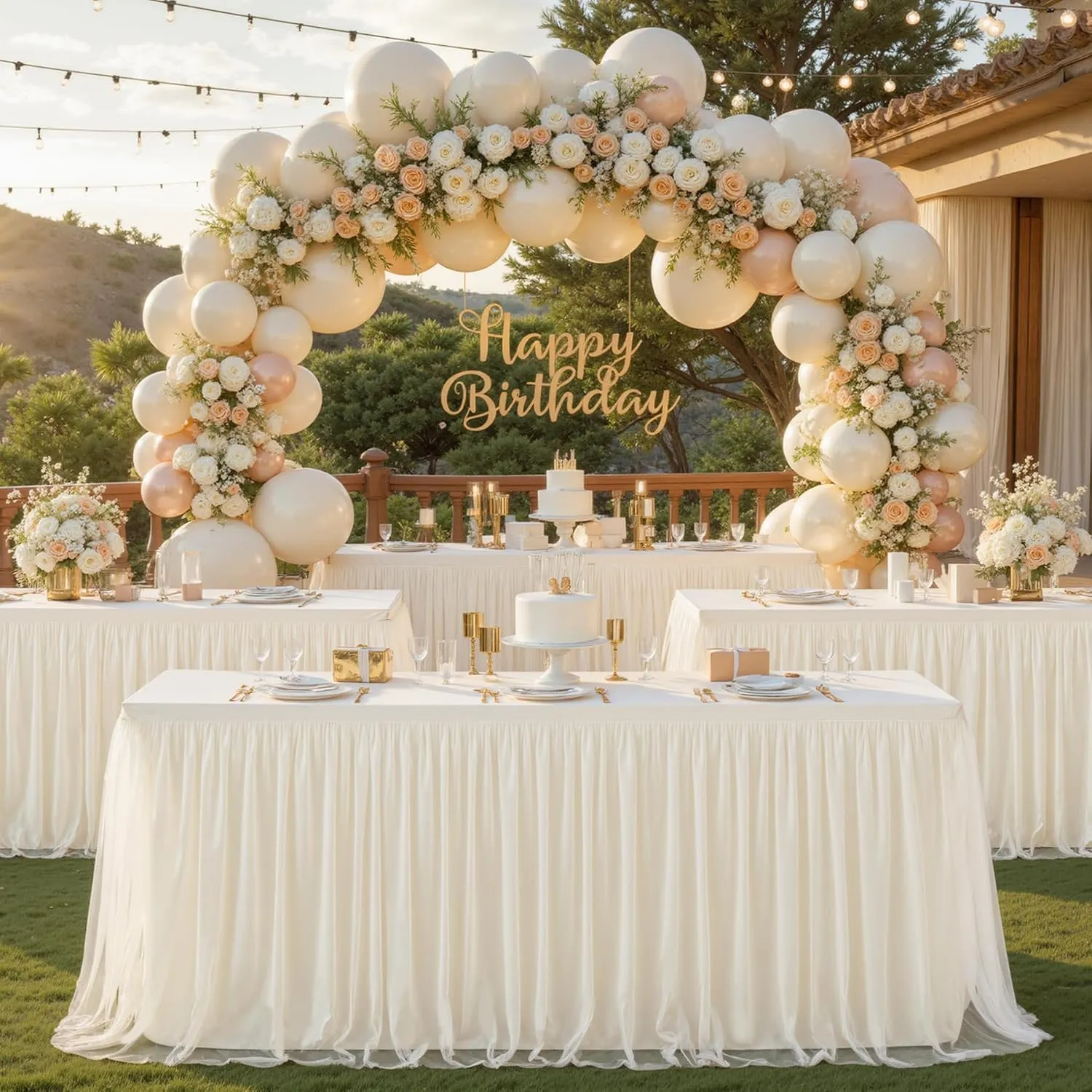 Ivory Tulle Tablecloth for 6 Foot Rectangular Table, 6ft Ivory Rectangle Table Cloth, Wrinkle Free Tablecover with Tutu Skirt for Wedding Birthday Party Bridal Shower Banquet Buffet Cake Event