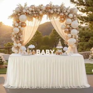 Ivory Tulle Tablecloth for 6 Foot Rectangular Table, 6ft Ivory Rectangle Table Cloth, Wrinkle Free Tablecover with Tutu Skirt for Wedding Birthday Party Bridal Shower Banquet Buffet Cake Event