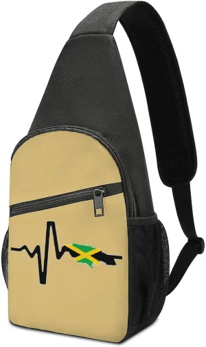 Jamaica Map Flag Heartbeat Chest Bag for Men Small Sling Backpack Crossbody Sling Bags for Outdoors Hiking Traveling