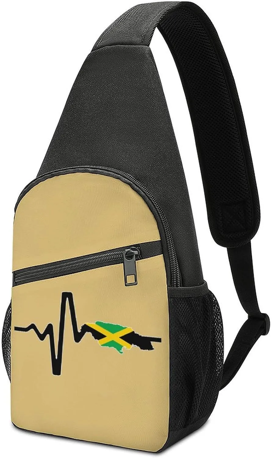 Jamaica Map Flag Heartbeat Chest Bag for Men Small Sling Backpack Crossbody Sling Bags for Outdoors Hiking Traveling