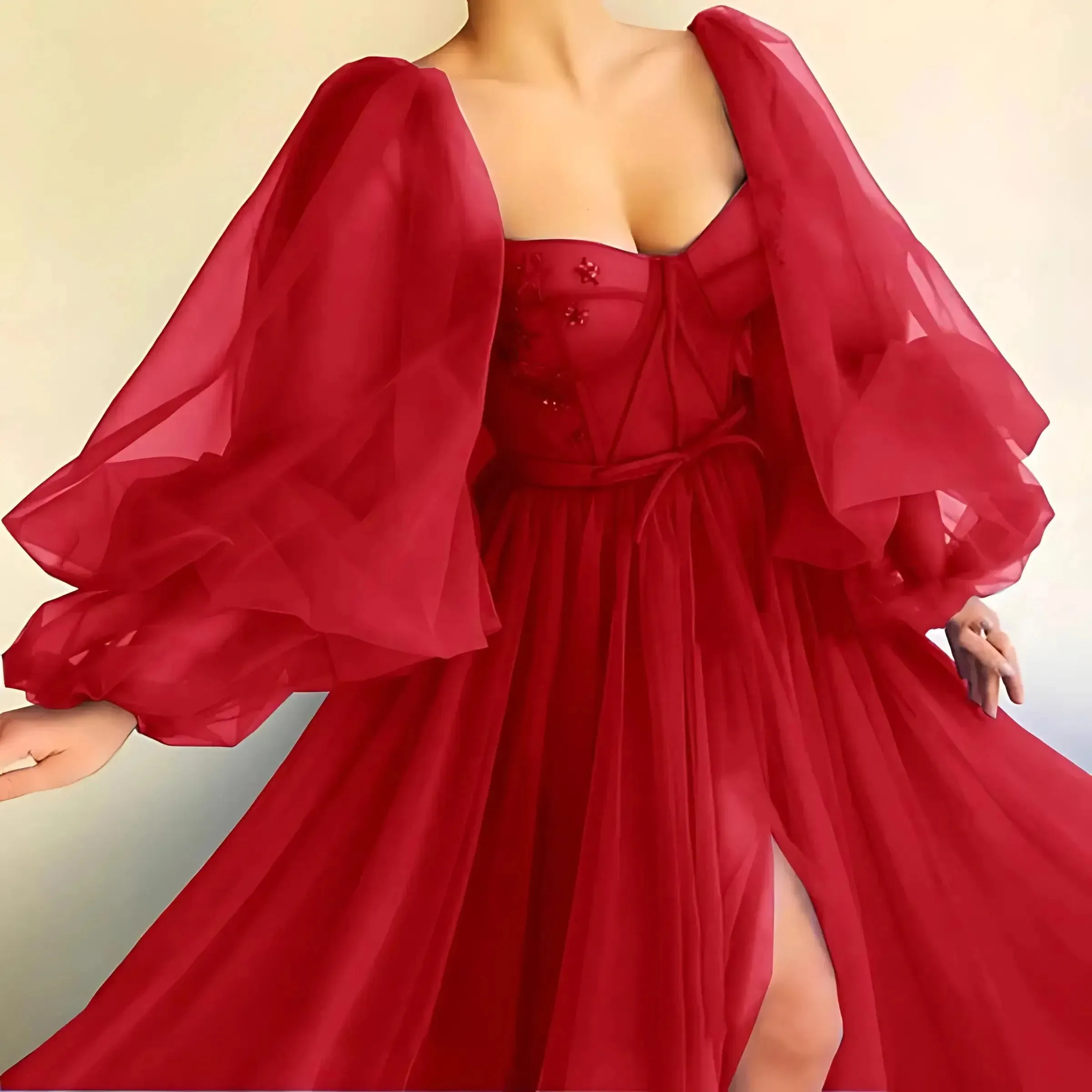 JazzHer Princess Sheer Puff Sleeved Slit Dress