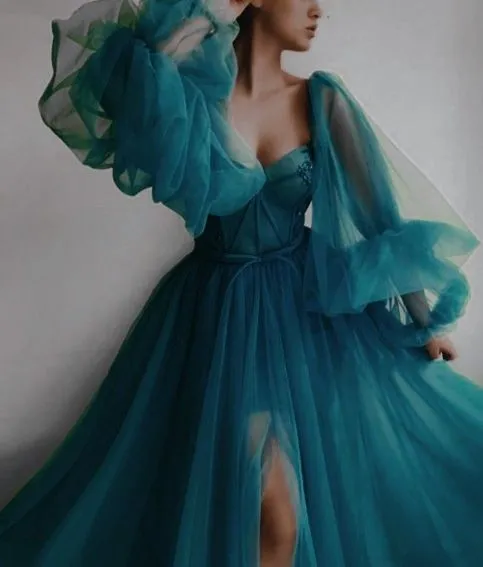 JazzHer Princess Sheer Puff Sleeved Slit Dress