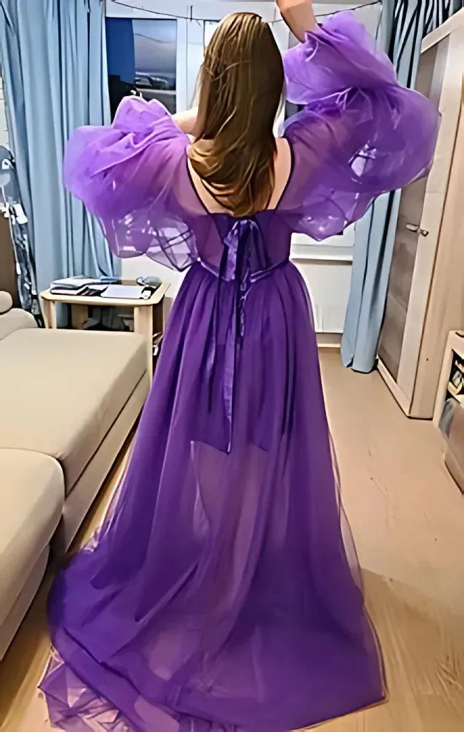 JazzHer Princess Sheer Puff Sleeved Slit Dress