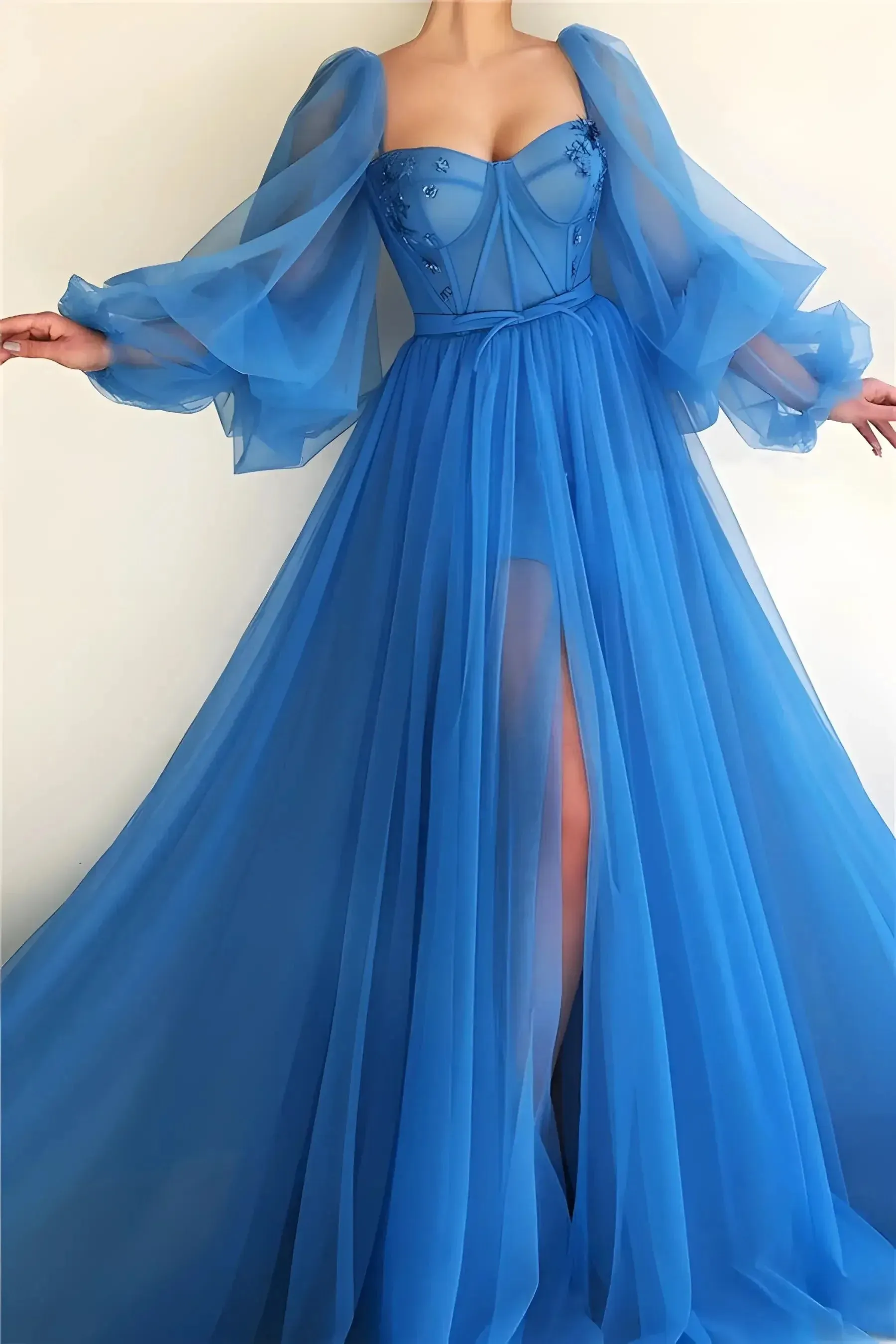 JazzHer Princess Sheer Puff Sleeved Slit Dress