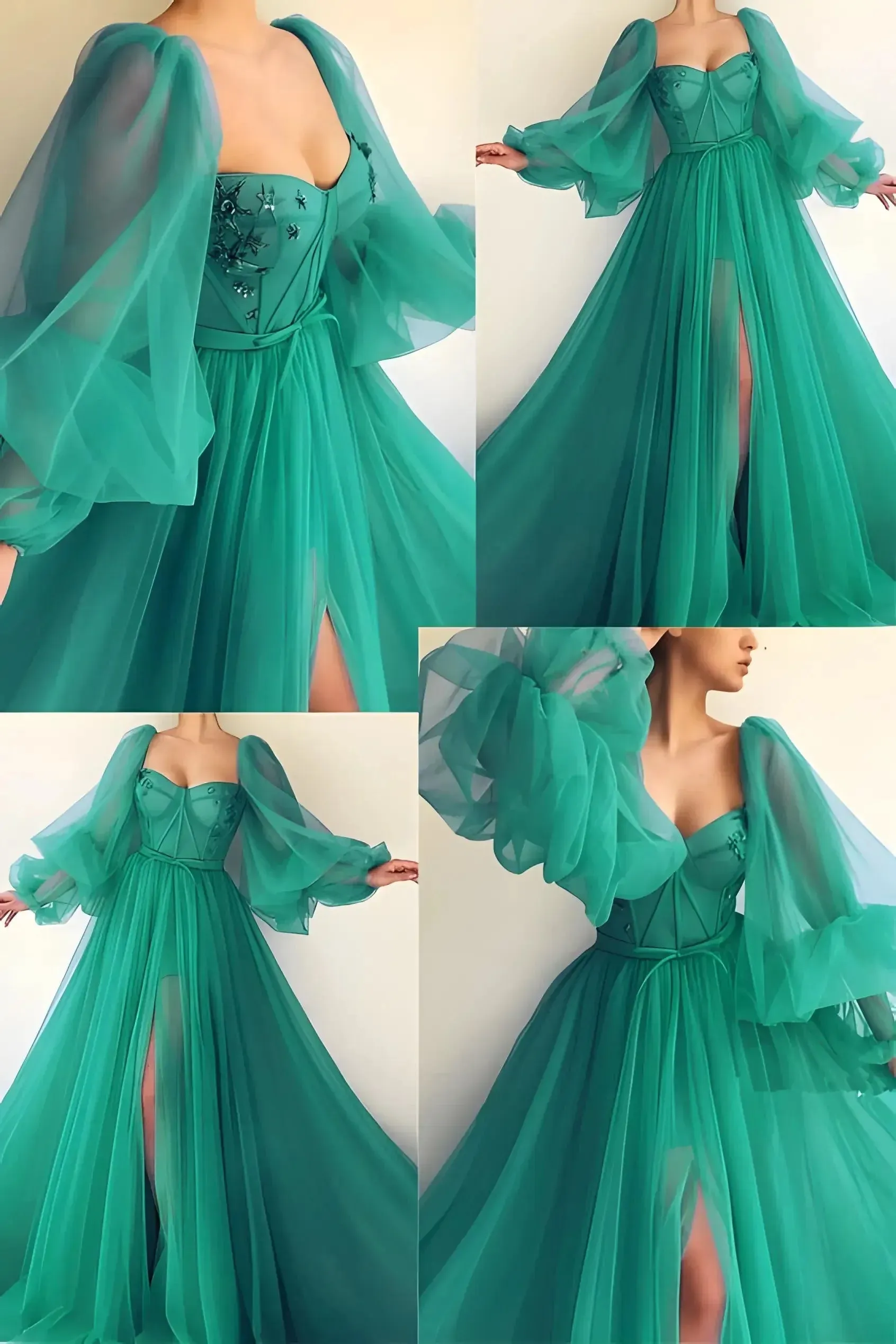 JazzHer Princess Sheer Puff Sleeved Slit Dress