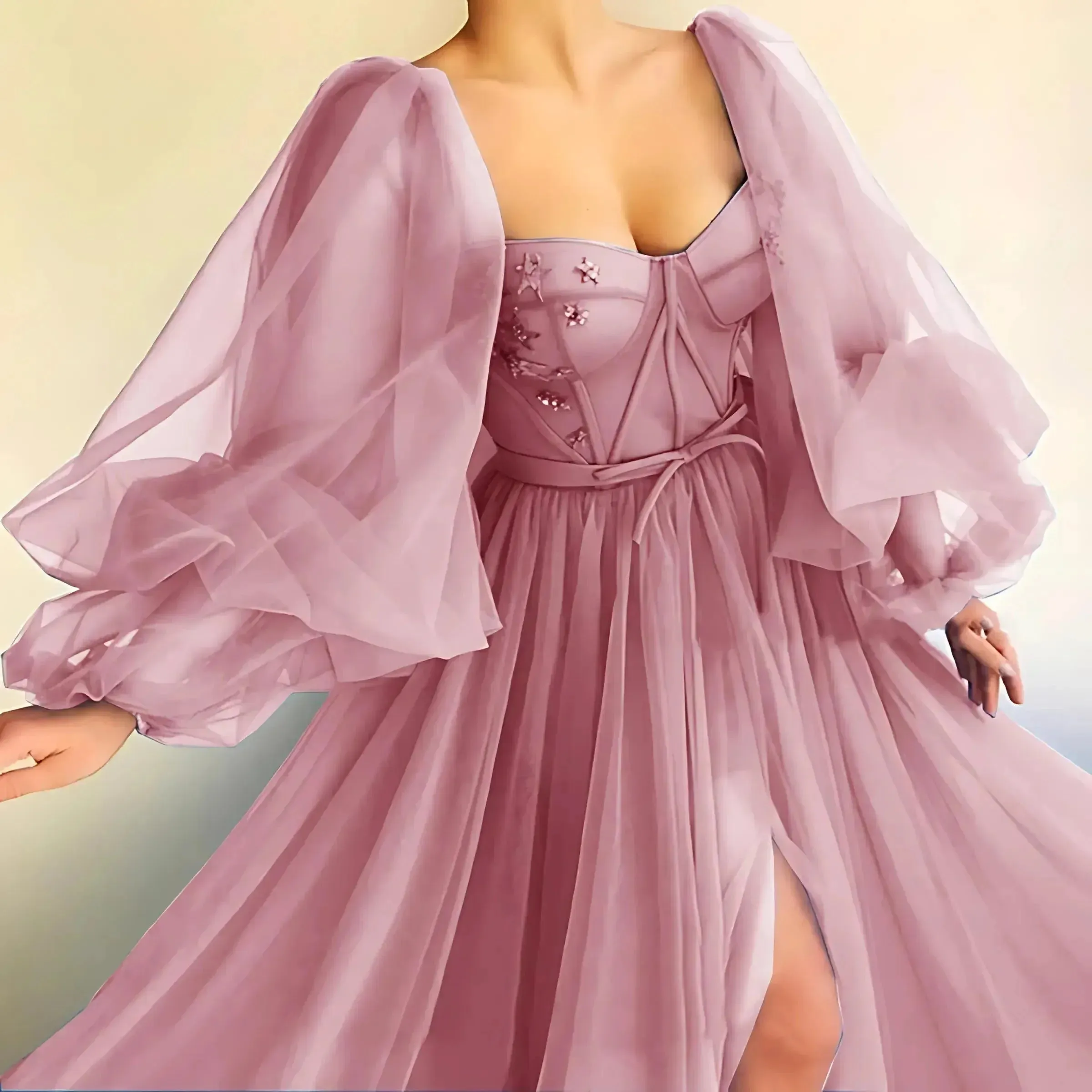 JazzHer Princess Sheer Puff Sleeved Slit Dress