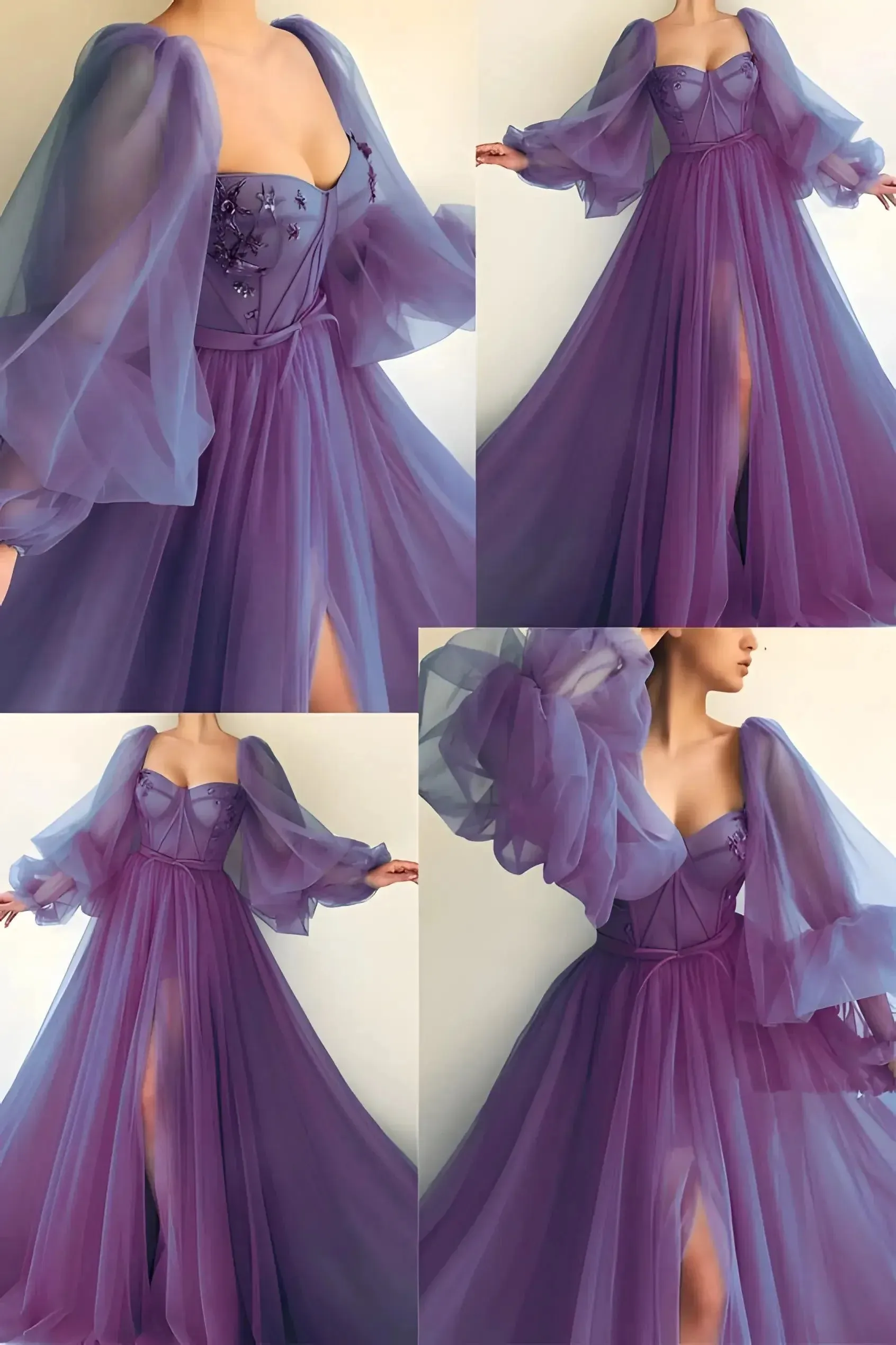 JazzHer Princess Sheer Puff Sleeved Slit Dress