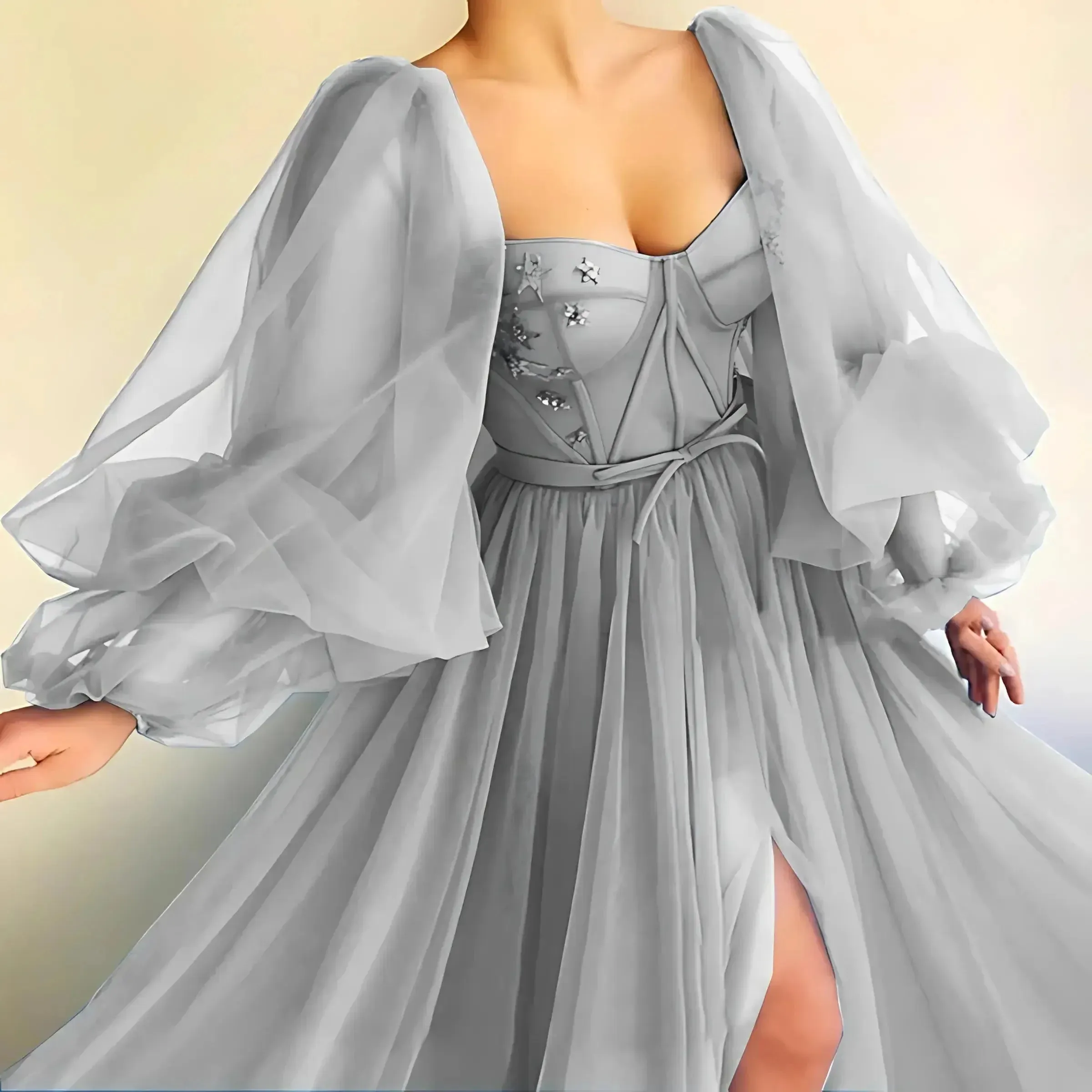JazzHer Princess Sheer Puff Sleeved Slit Dress