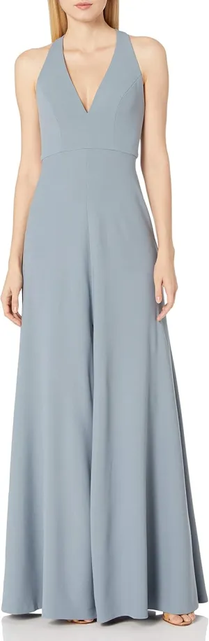 Jenny Yoo Women's Margot V Neck Racer Back Fit and Flare Crepe Gown