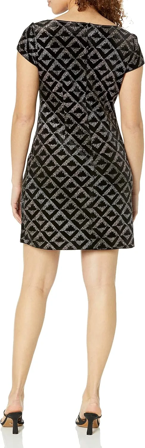 Jessica Howard Women's Petite Cap Sleeve Glitter Velvet Sheath Dress
