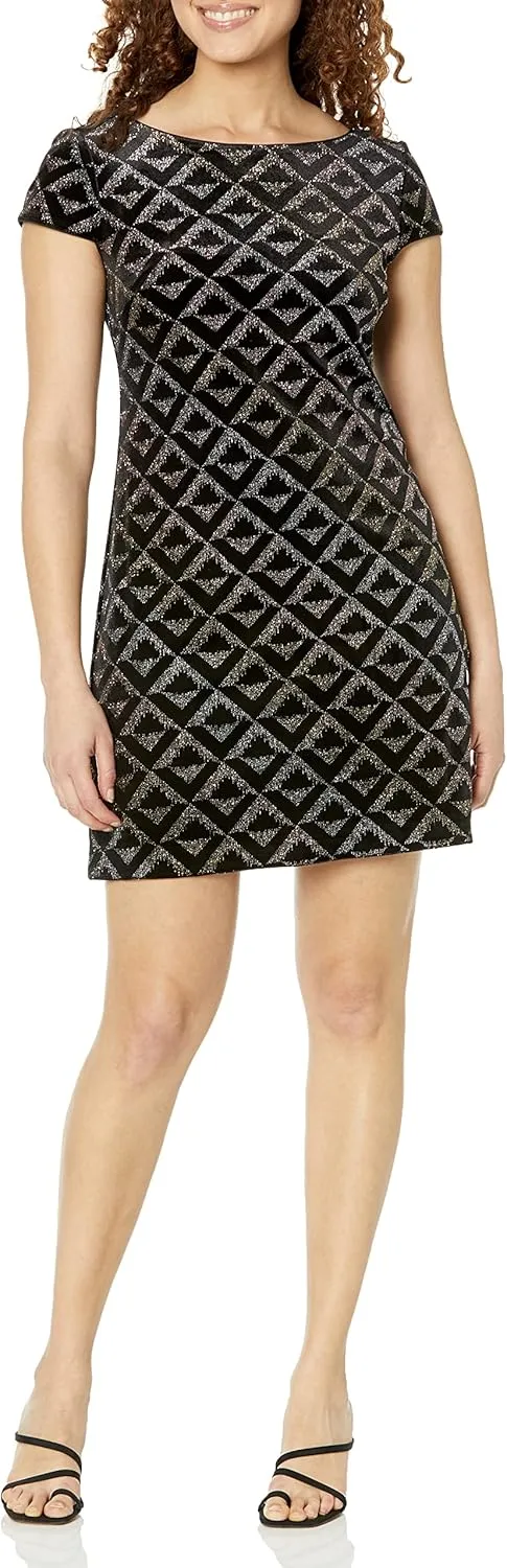 Jessica Howard Women's Petite Cap Sleeve Glitter Velvet Sheath Dress