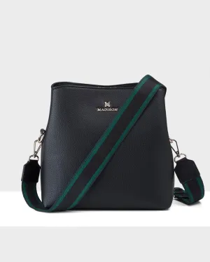 Joanie 3 Compartment Crossbody Bucket Bag   Stripe Bag Strap