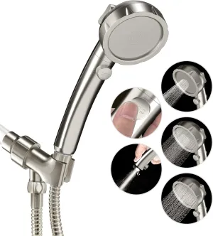 JONKEAN High Pressure Shower Head with 3 Settings, Water Saving Handheld RV Shower Head with Hose and On Off Switch, Detachable Shower Heads with Hose and Angle-Adjustable Bracket (Brushed Nickel)