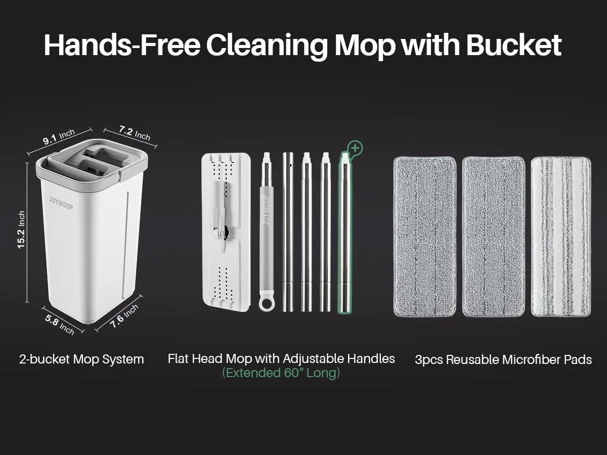 JOYMOOP Mop and Bucket with Wringer Set, Hands Free Flat Floor Mop and Bucket, 60" Mop with 3 Reusable Microfiber Pads, Wet and Dry Use, Floor Cleaning System