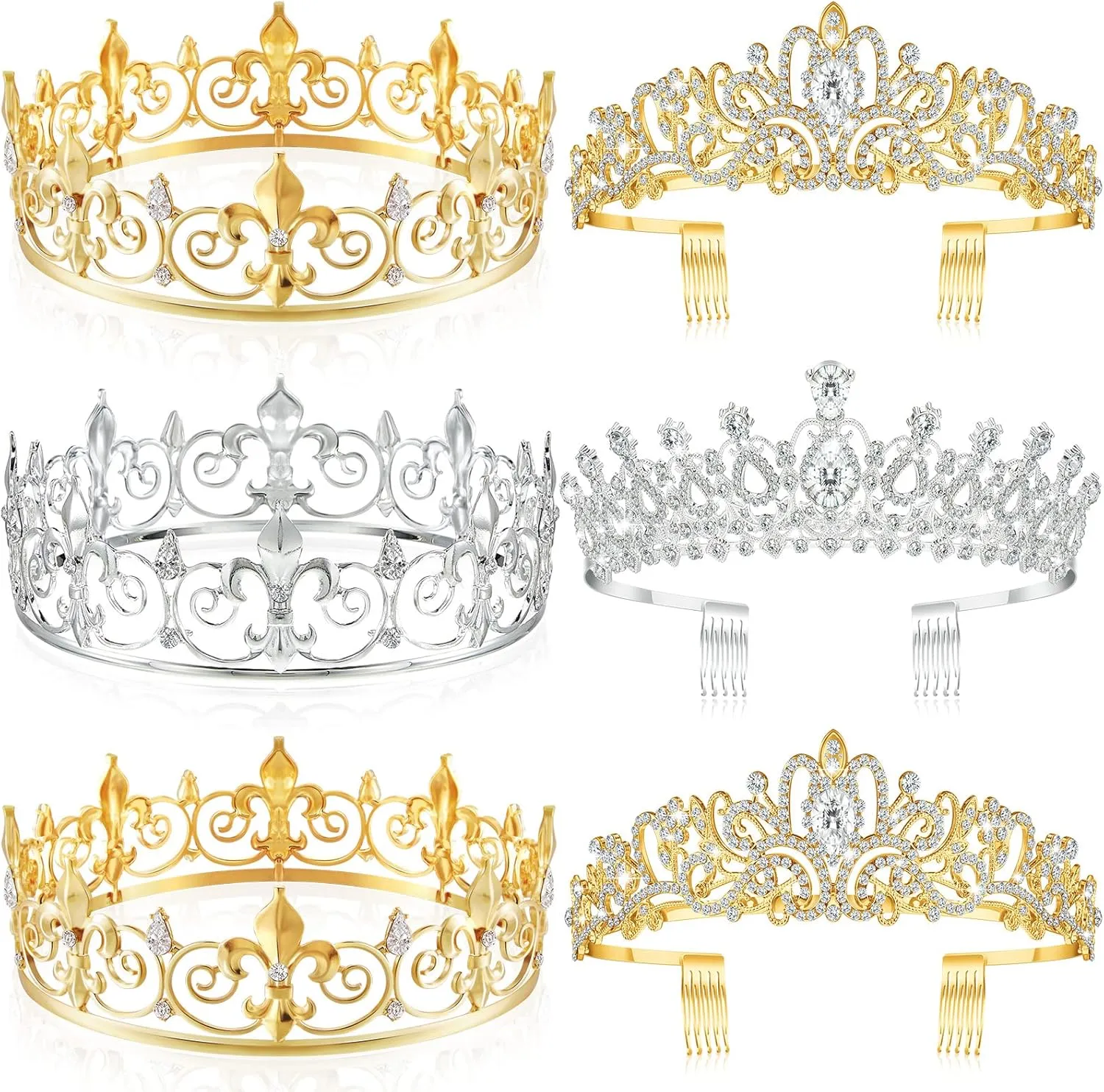 Juexica 6 Pieces Prom King Crown Metal Baroque King and Queen Prince Princess Crystal Headband Tiara Crown Wedding Bridal Accessories for Women Men