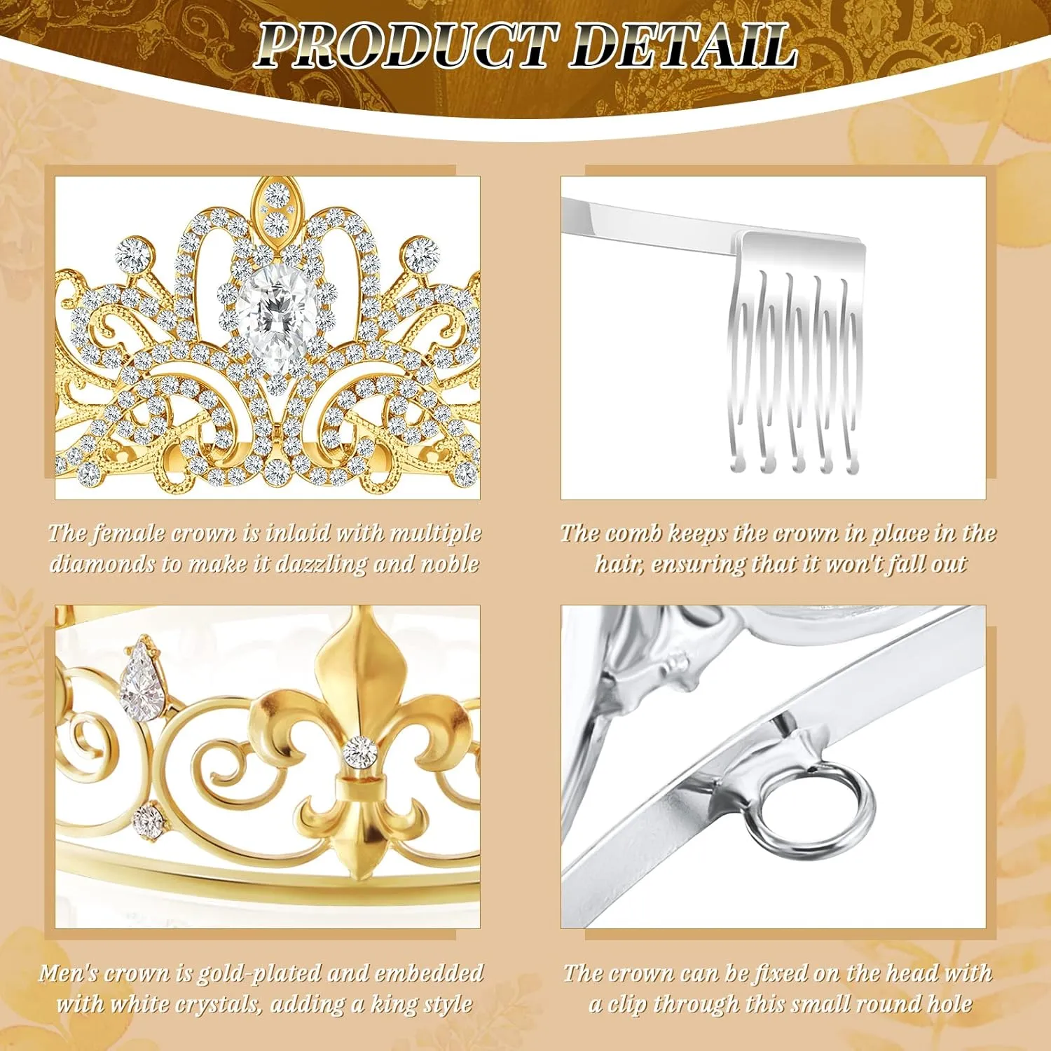 Juexica 6 Pieces Prom King Crown Metal Baroque King and Queen Prince Princess Crystal Headband Tiara Crown Wedding Bridal Accessories for Women Men