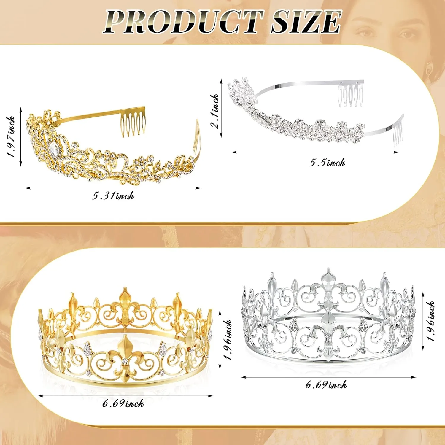 Juexica 6 Pieces Prom King Crown Metal Baroque King and Queen Prince Princess Crystal Headband Tiara Crown Wedding Bridal Accessories for Women Men
