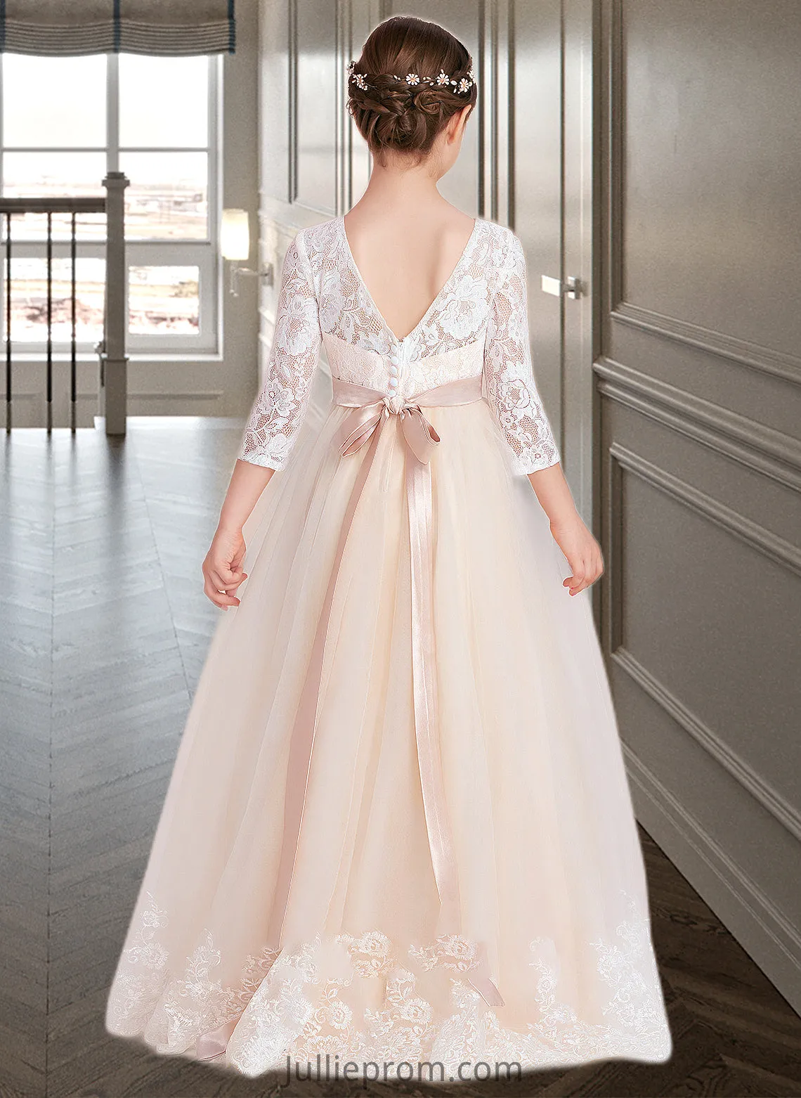 June Ball-Gown/Princess Scoop Neck Floor-Length Tulle Lace Junior Bridesmaid Dress With Sash Beading Bow(s) DQP0013589
