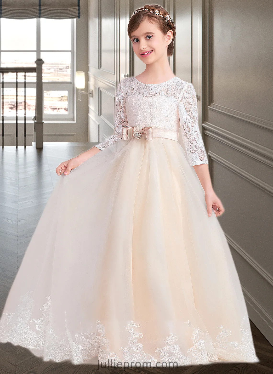 June Ball-Gown/Princess Scoop Neck Floor-Length Tulle Lace Junior Bridesmaid Dress With Sash Beading Bow(s) DQP0013589