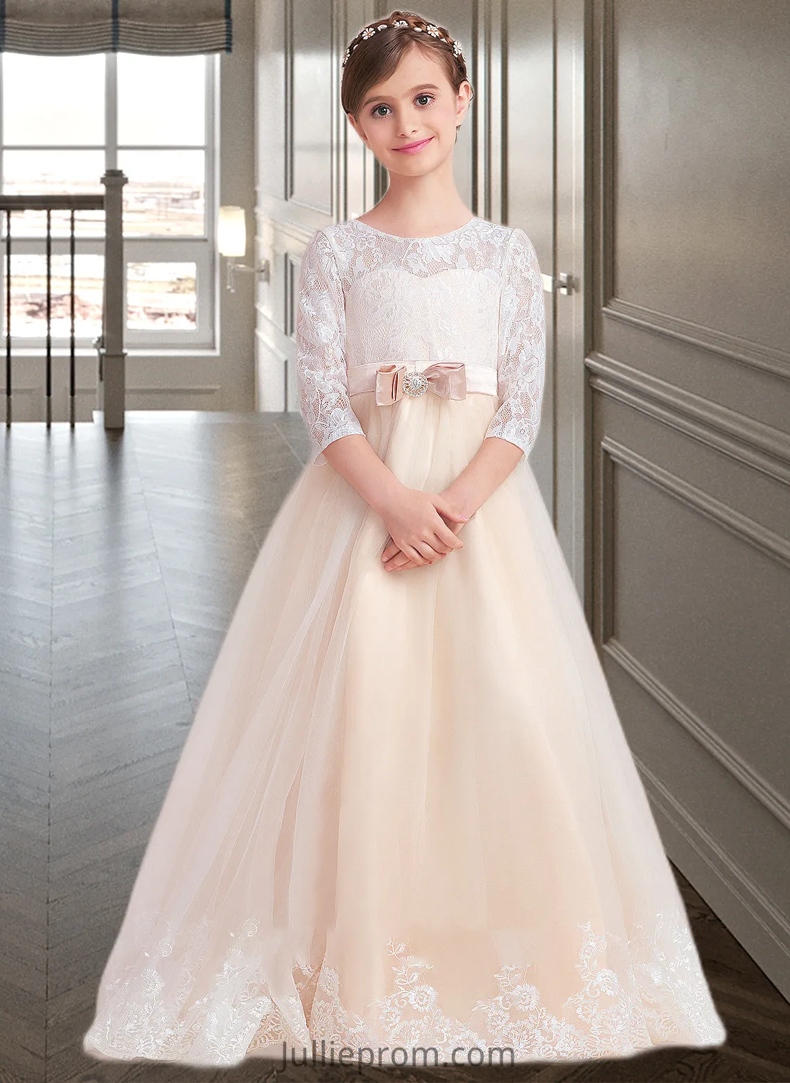 June Ball-Gown/Princess Scoop Neck Floor-Length Tulle Lace Junior Bridesmaid Dress With Sash Beading Bow(s) DQP0013589