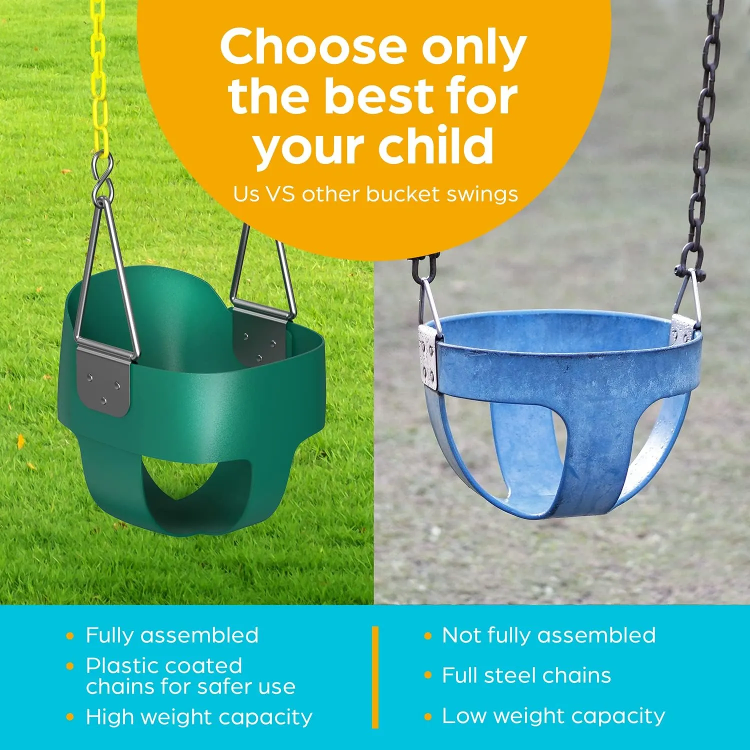 Jungle Gym Kingdom Toddler Swing - Heavy Duty, High Back, Full Bucket Baby Swing Seat with Coated Chains for Outdoor Use - Fully Assembled - Green