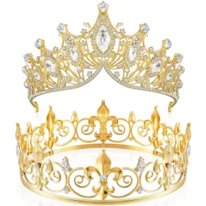Junkin 2 Pcs Crowns for Men Women Baroque Queen Crown King Prince Tiara Princess Crystal Headband Rhinestone Prom Party(Gold)