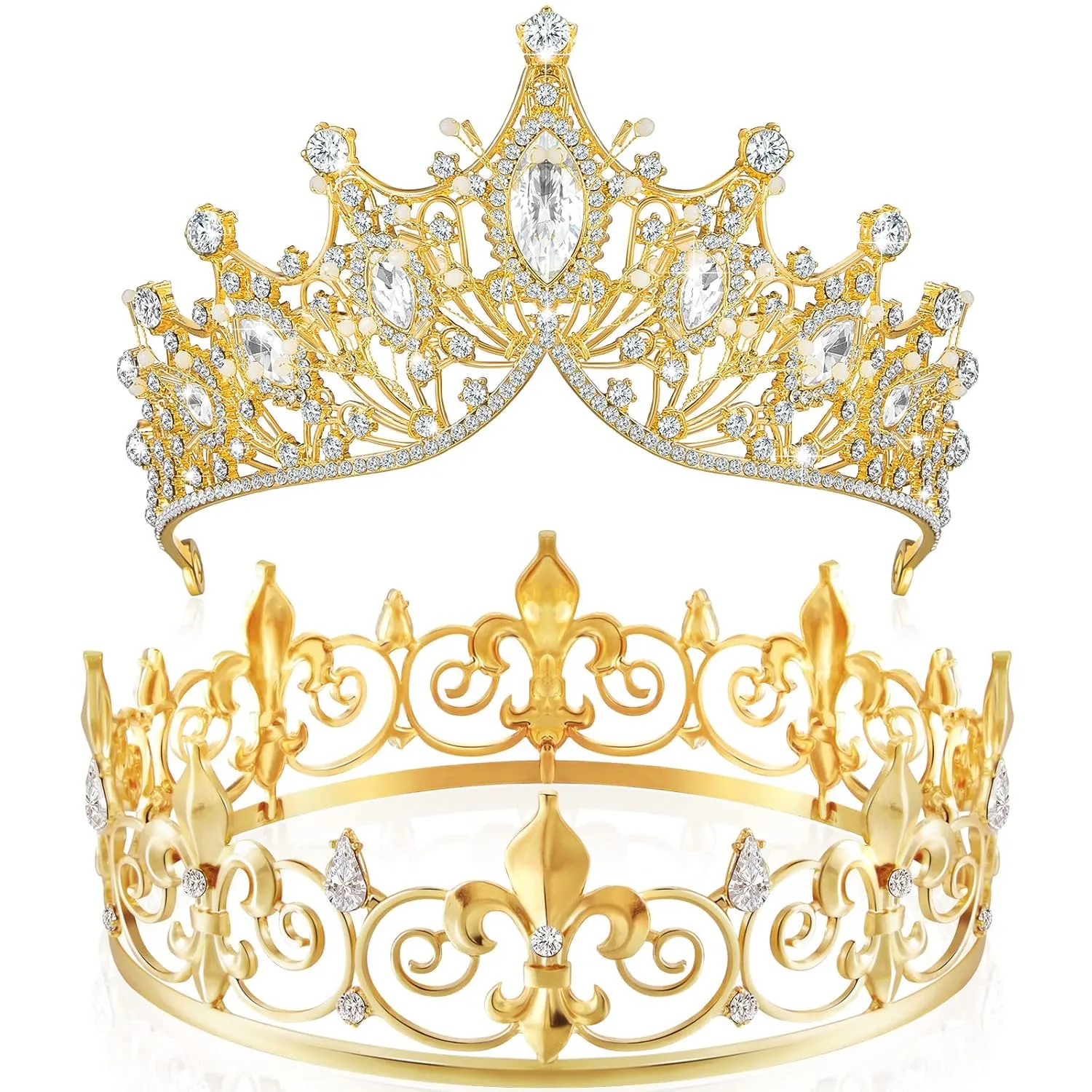 Junkin 2 Pcs Crowns for Men Women Baroque Queen Crown King Prince Tiara Princess Crystal Headband Rhinestone Prom Party(Gold)