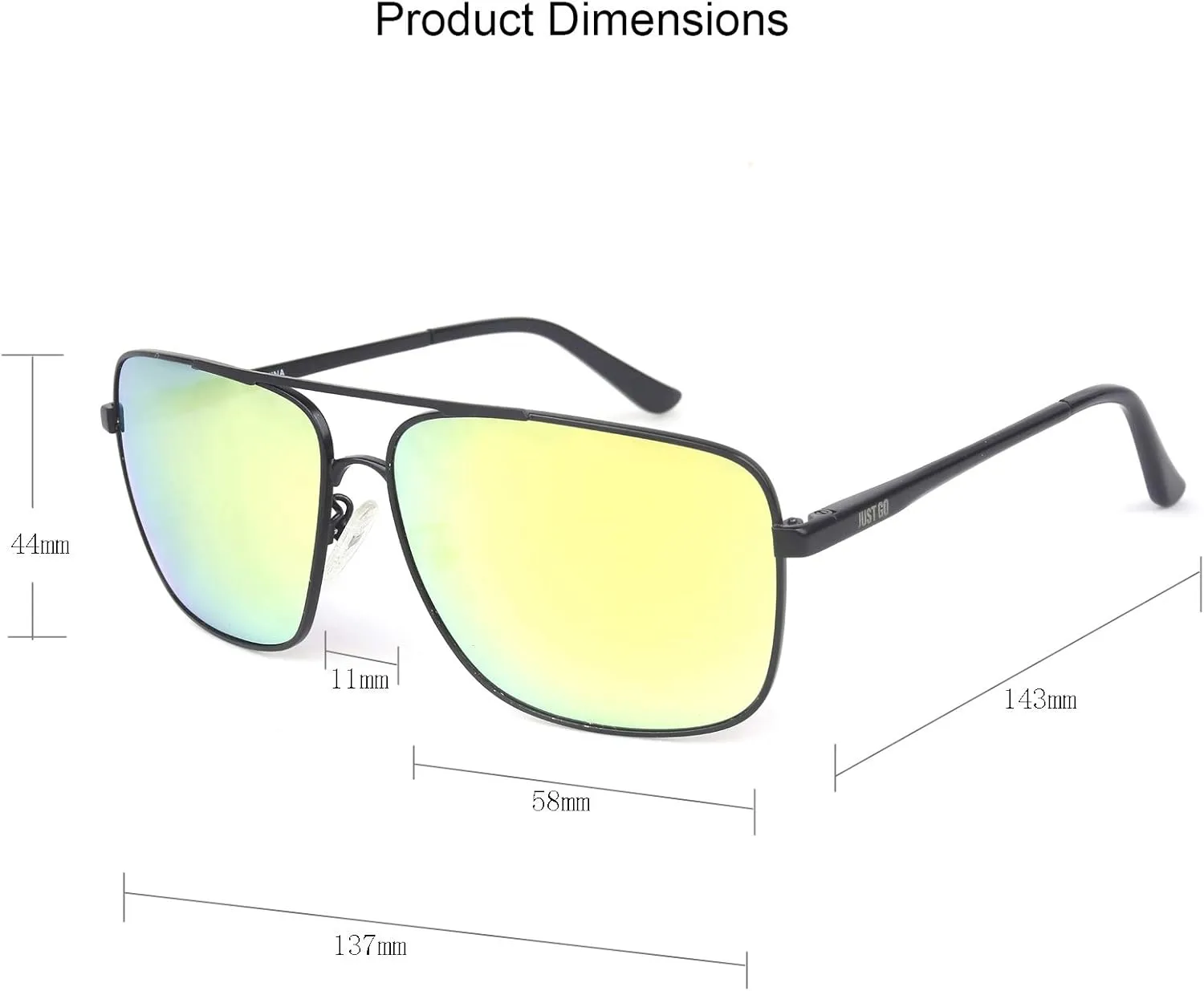 JUST GO Men Metal Frame Square Aviator Polarized Sunglasses, 100% UV Protection