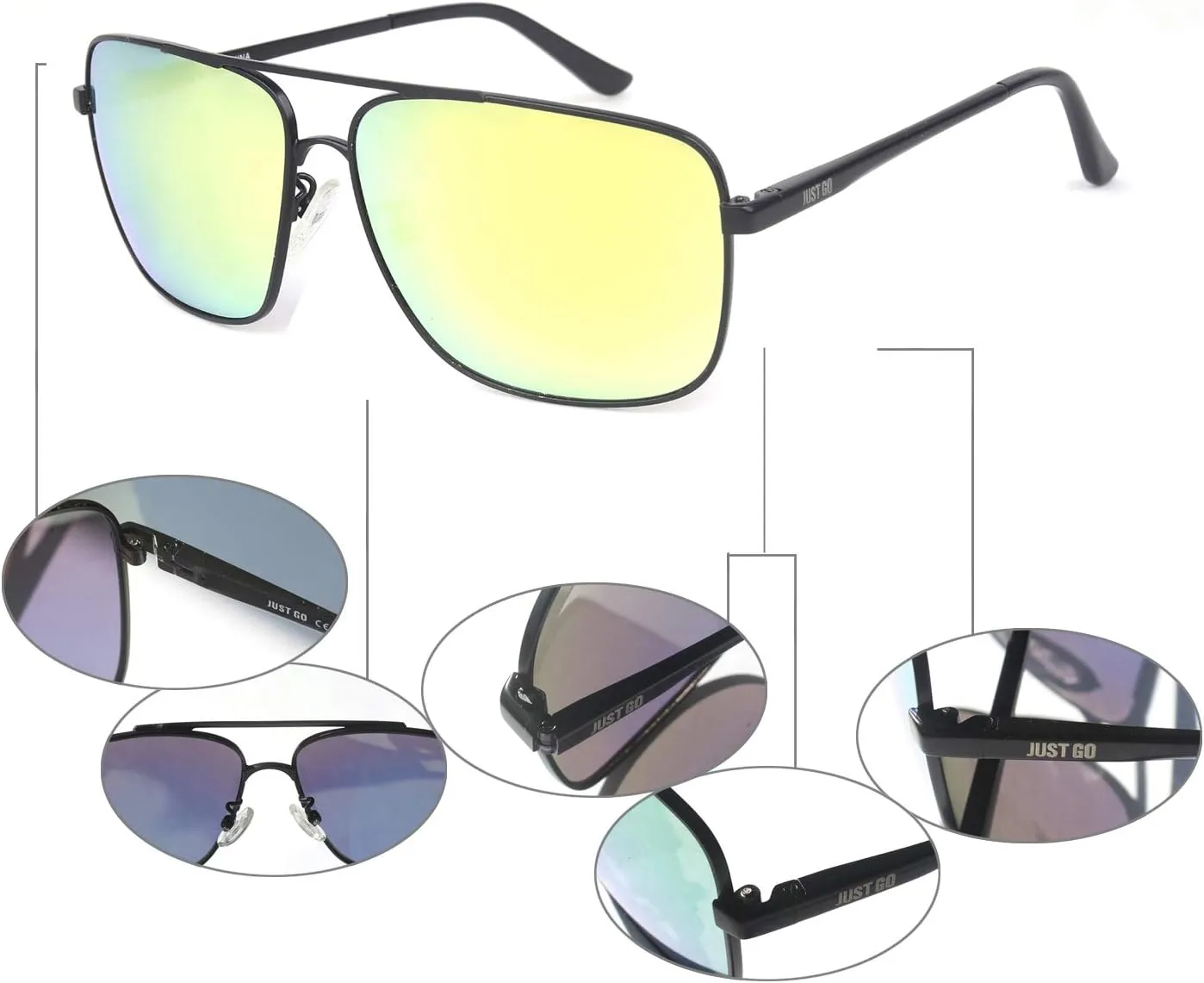 JUST GO Men Metal Frame Square Aviator Polarized Sunglasses, 100% UV Protection
