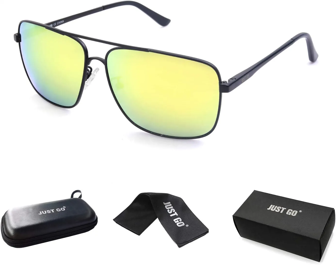 JUST GO Men Metal Frame Square Aviator Polarized Sunglasses, 100% UV Protection