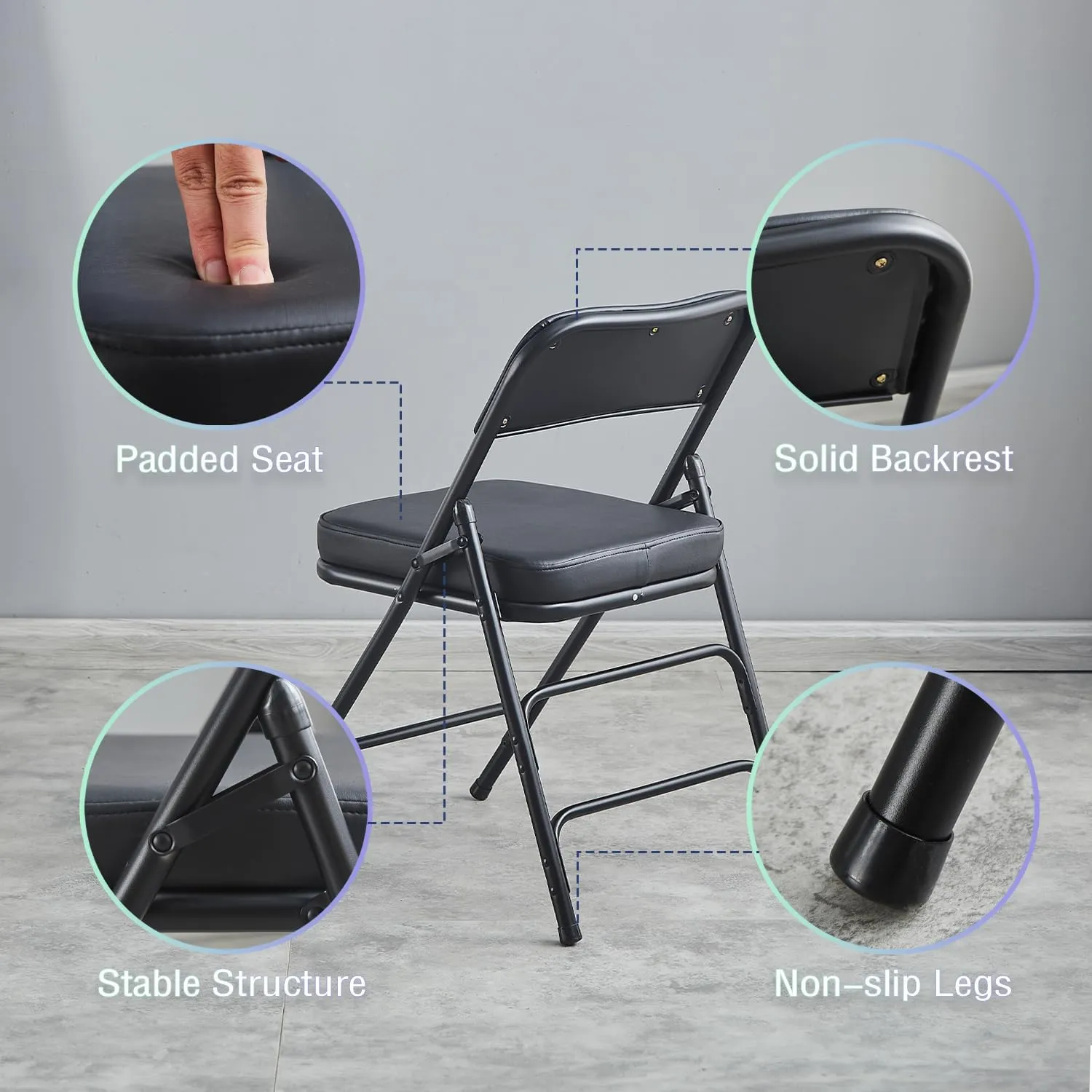 KAIHAOWIN Folding Chairs with Ultra Thick Padded Seat Foldable Chair Indoor Comfortable Metal Chairs with Soft Cushion Black