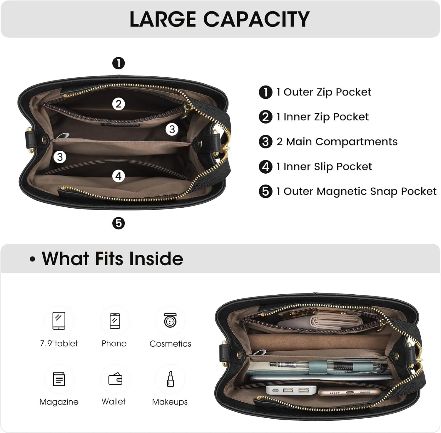 Kattee Leather Handbags for Women, Soft Shoulder Tote Crossbody Purses Bucket Bags with 2 Straps