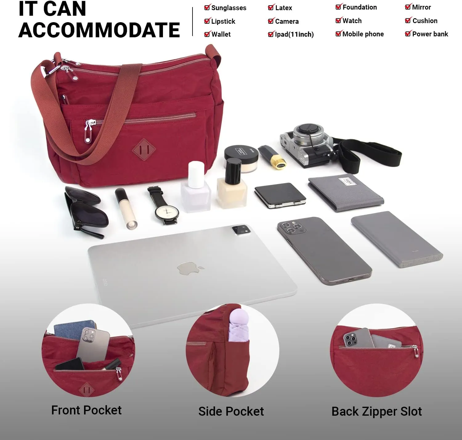 KAUKKO Women Crossbody Bag Handbag Lightweight Shoulder Purse Nylon Multi Pocket Crossbody Bag Ladies Travel Handbag