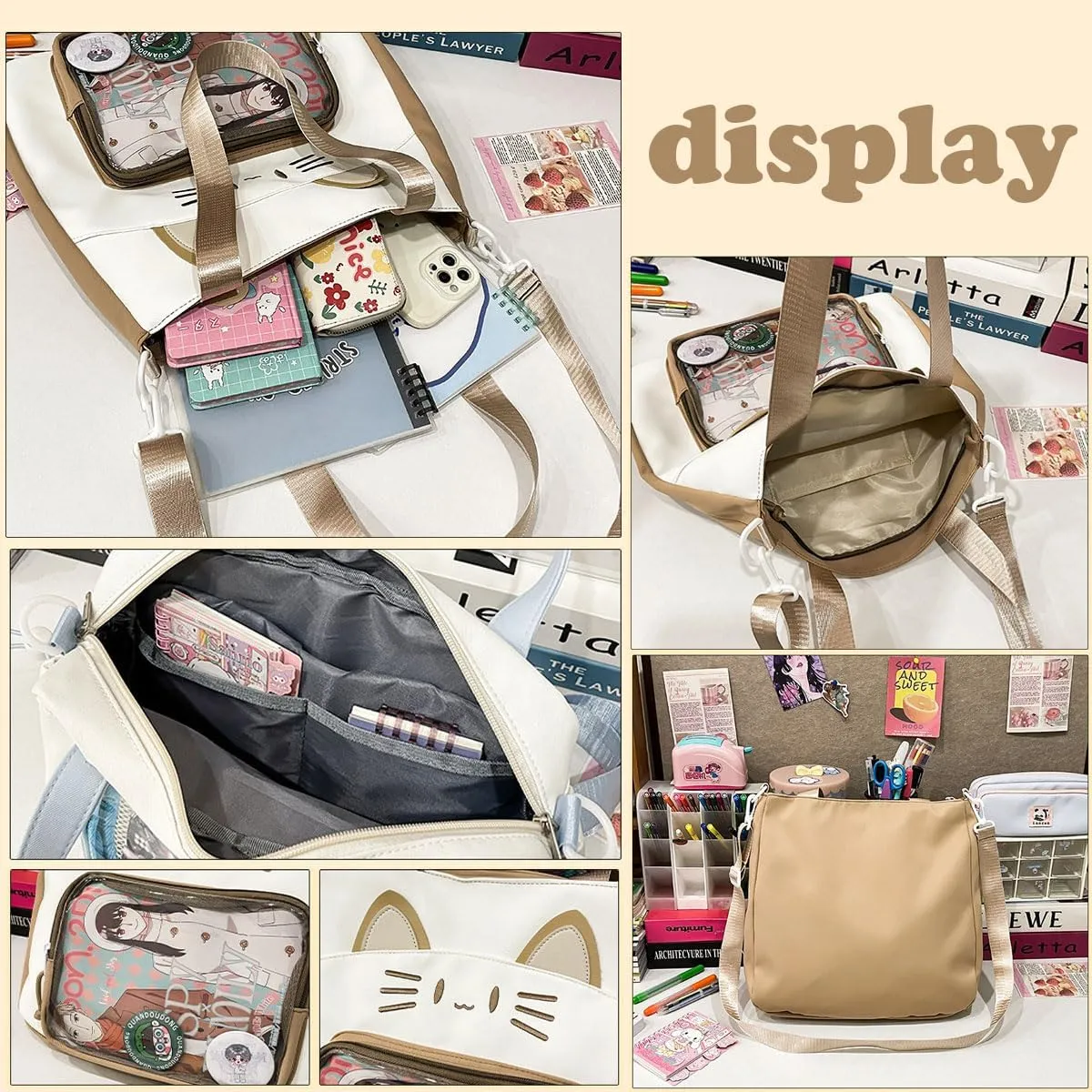 Kawaii Cat Ita Bag with Insert Large Capacity Pin Display Bag Crossbody Y2K for Anime Cosplay Reflective (Khaki)