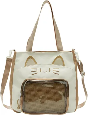 Kawaii Cat Ita Bag with Insert Large Capacity Pin Display Bag Crossbody Y2K for Anime Cosplay Reflective (Khaki)