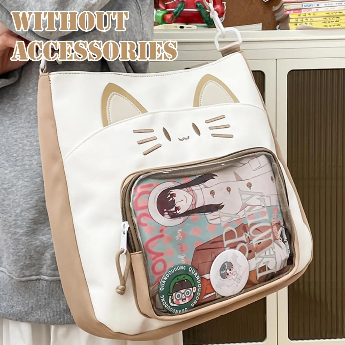 Kawaii Cat Ita Bag with Insert Large Capacity Pin Display Bag Crossbody Y2K for Anime Cosplay Reflective (Khaki)